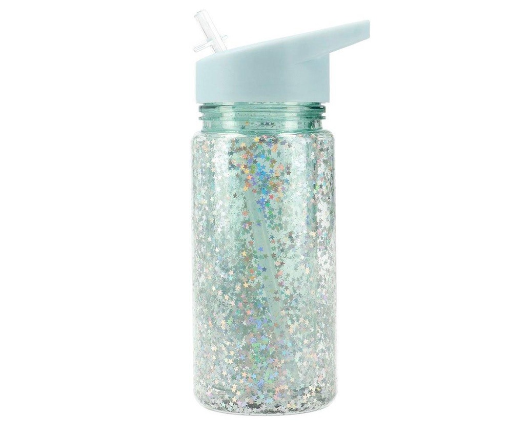 Botella Plástico con Pajita Glitter Stars Turquoise