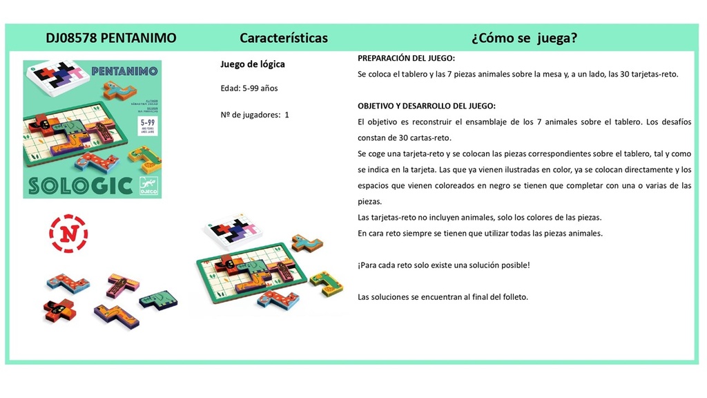 Juego de lógica Sologic Pentanimo de Djeco de 5 a 99 años