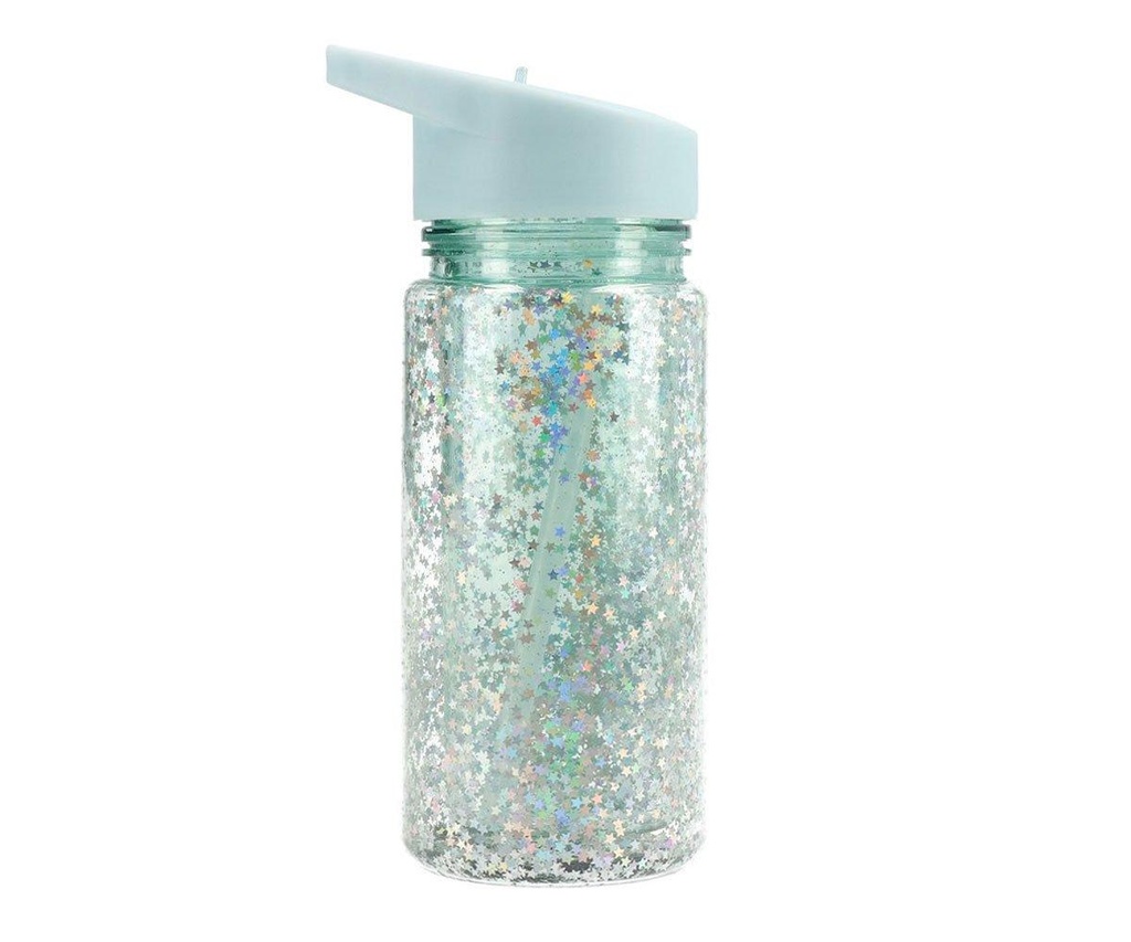Plastic Bottle with Straw Glitter Stars Turquoise