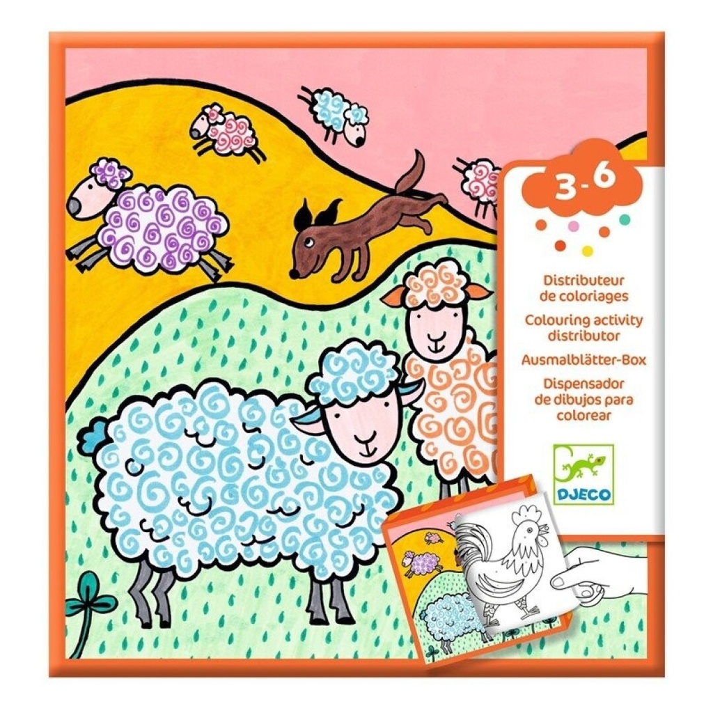[30050] Dispensador de 10 dibujos para colorear + 10 juegos sorpresa Granja Manualidades de 3 a 6 años Djeco