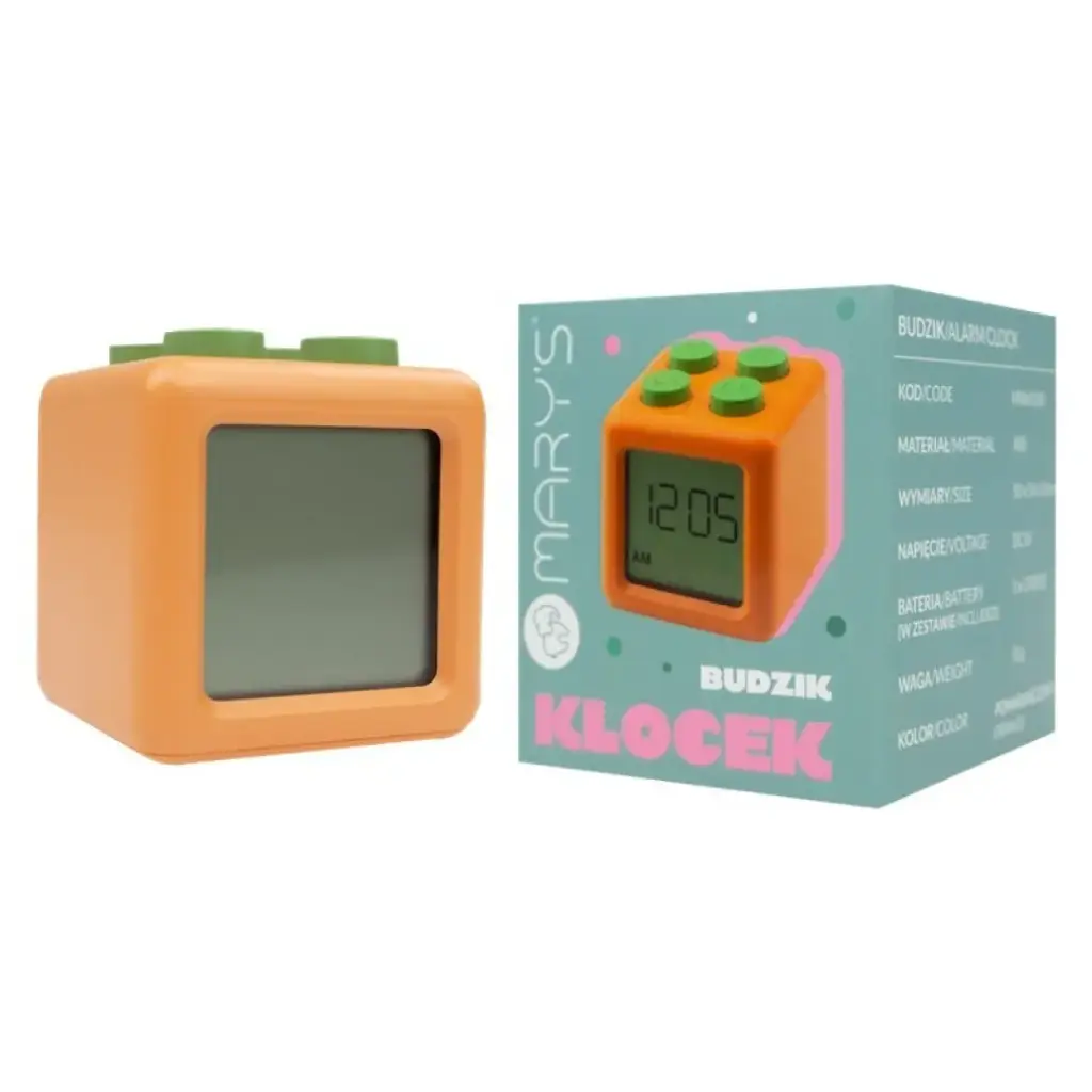 Mary’s orange block-shaped alarm clock