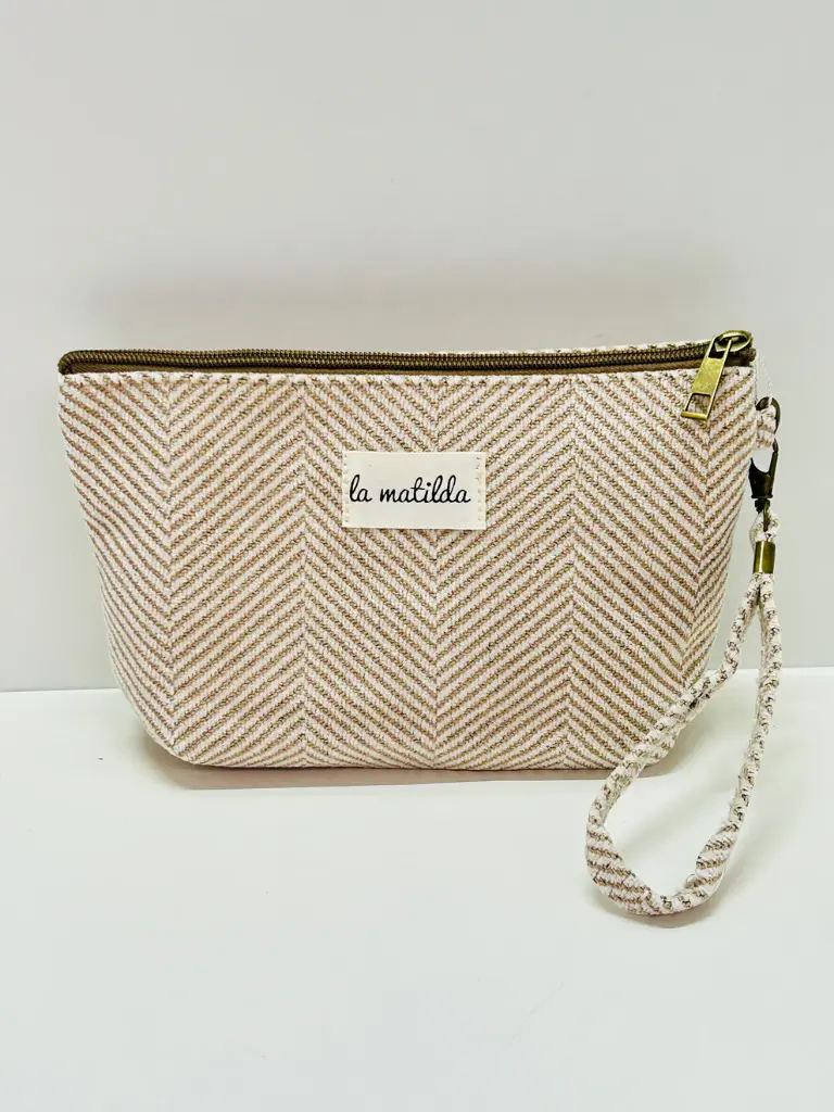 The Matilda Large Cosmetic Bag Beige Herringbone